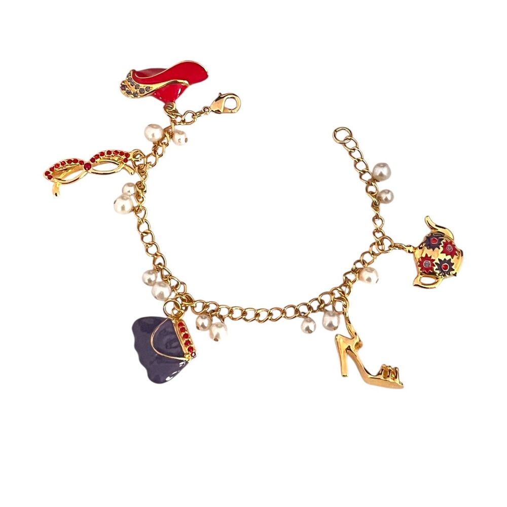 Red Hat Society Charm Bracelet Red Purple Gold Tone Faux Pearl - 5V